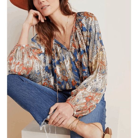 Anthropologie Verb Pallavi Singhee Stephania Shimmer Peasant Blouse XS, MP $188 - Picture 13 of 16